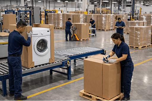 Operadores logísticos asegurando carga industrial completa dentro de una caja seca de 53 pies.